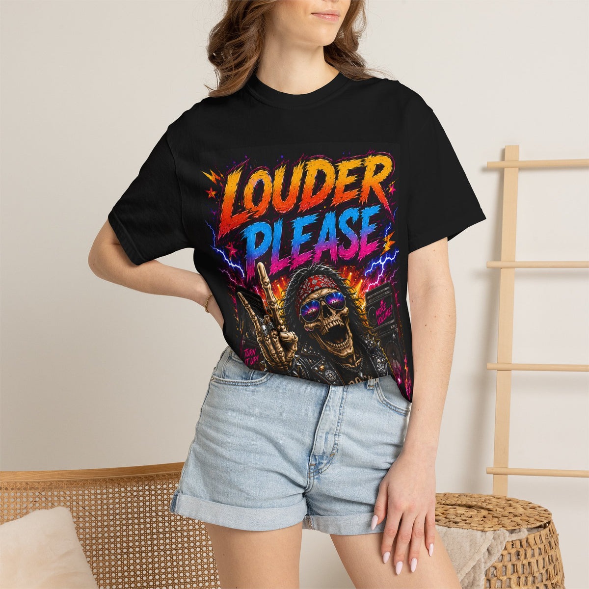 Louder Please Skull Rocker T-shirt | Retro Neon Heavy Metal Tee