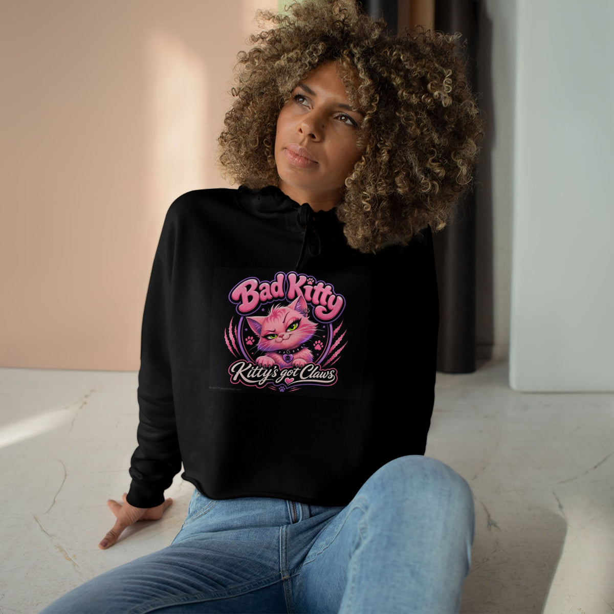 Bad Kitty pink cat illustration Crop Hoodie | Retro punk kitty design