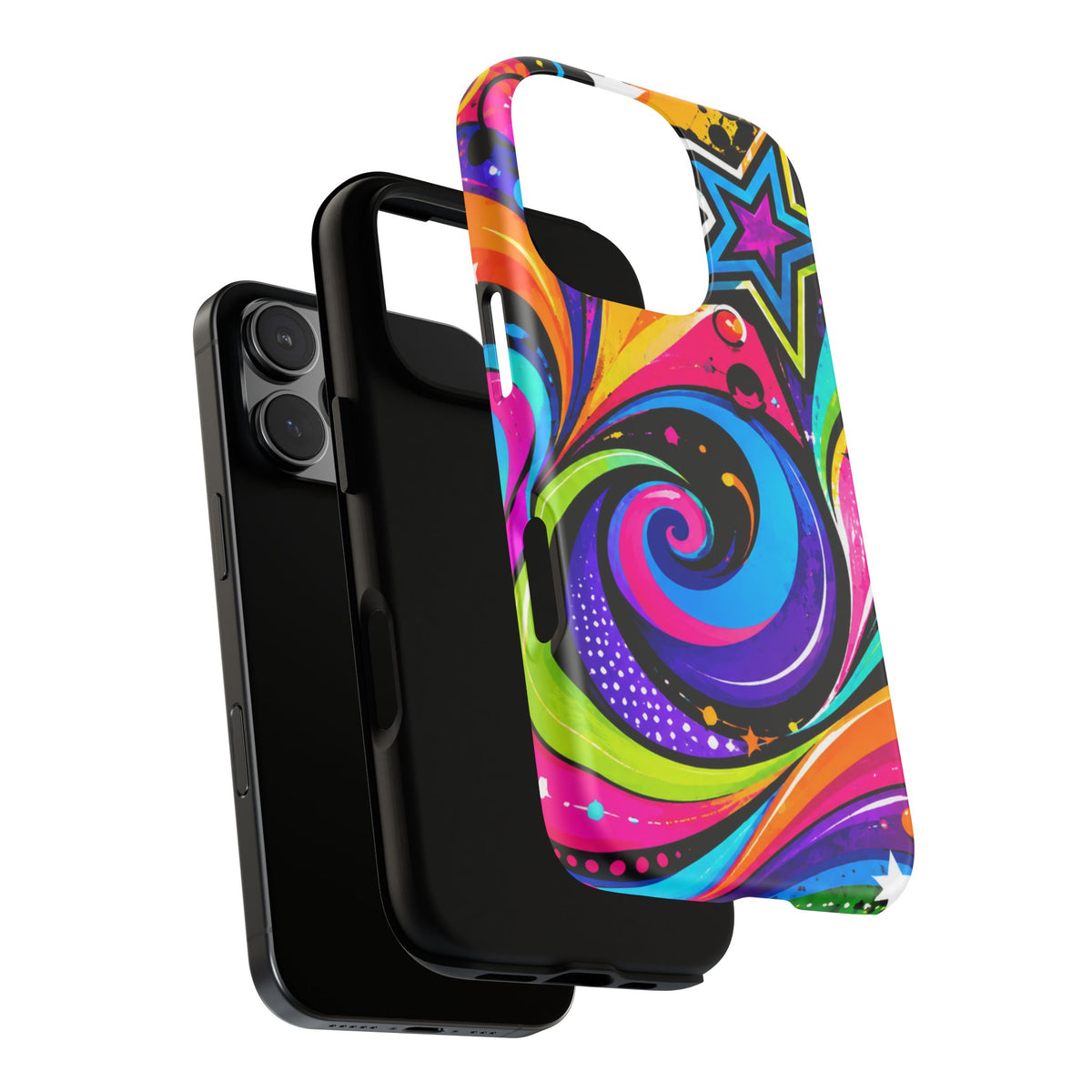 Psychedelic Swirl Phone Case — Bold Retro Stars & Neon Pop Art Tough Case