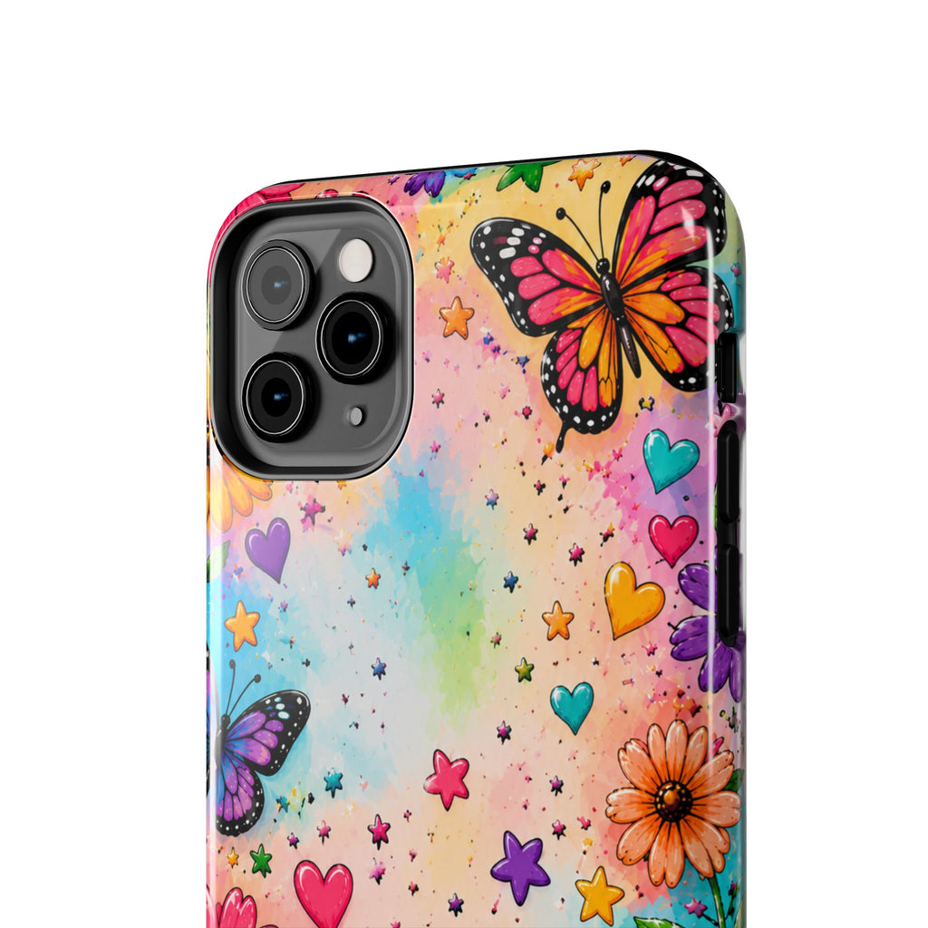 Colorful Butterflies and Flowers Tough Phone Case | Rainbow Hearts Stars