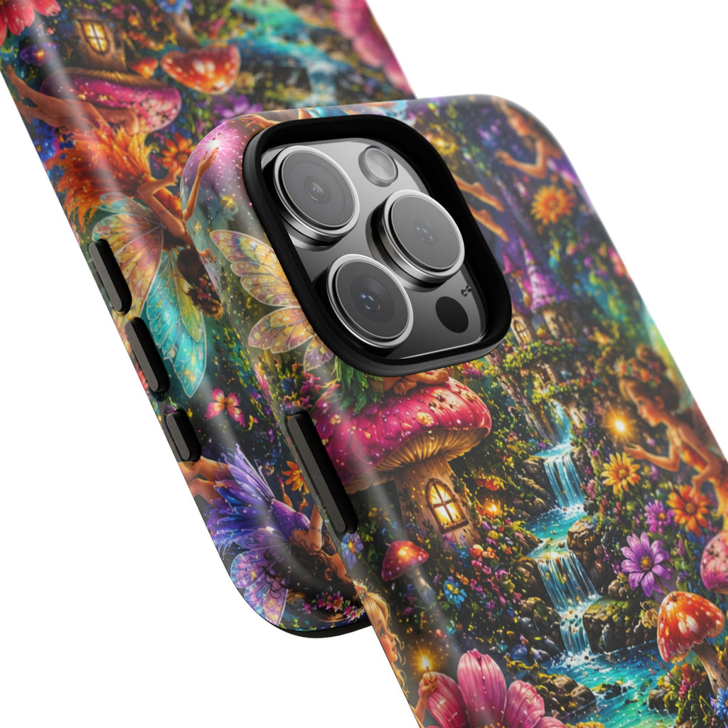 Fairy Garden Tough Phone Case — Whimsical Cottage, Waterfall & Mushroom Artwork