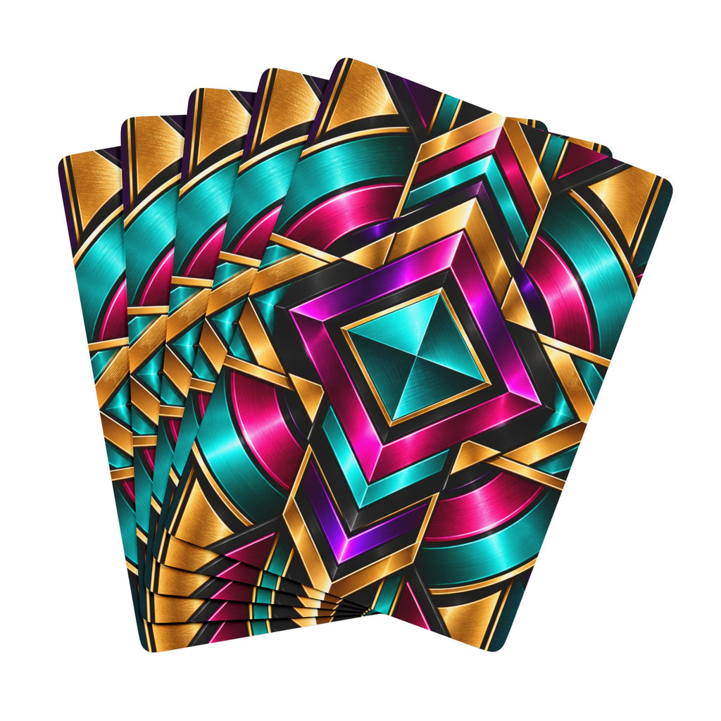 Poker Playing Cards — Geometric Art Deco Deck with Vibrant Teal, Magenta & Gold Back