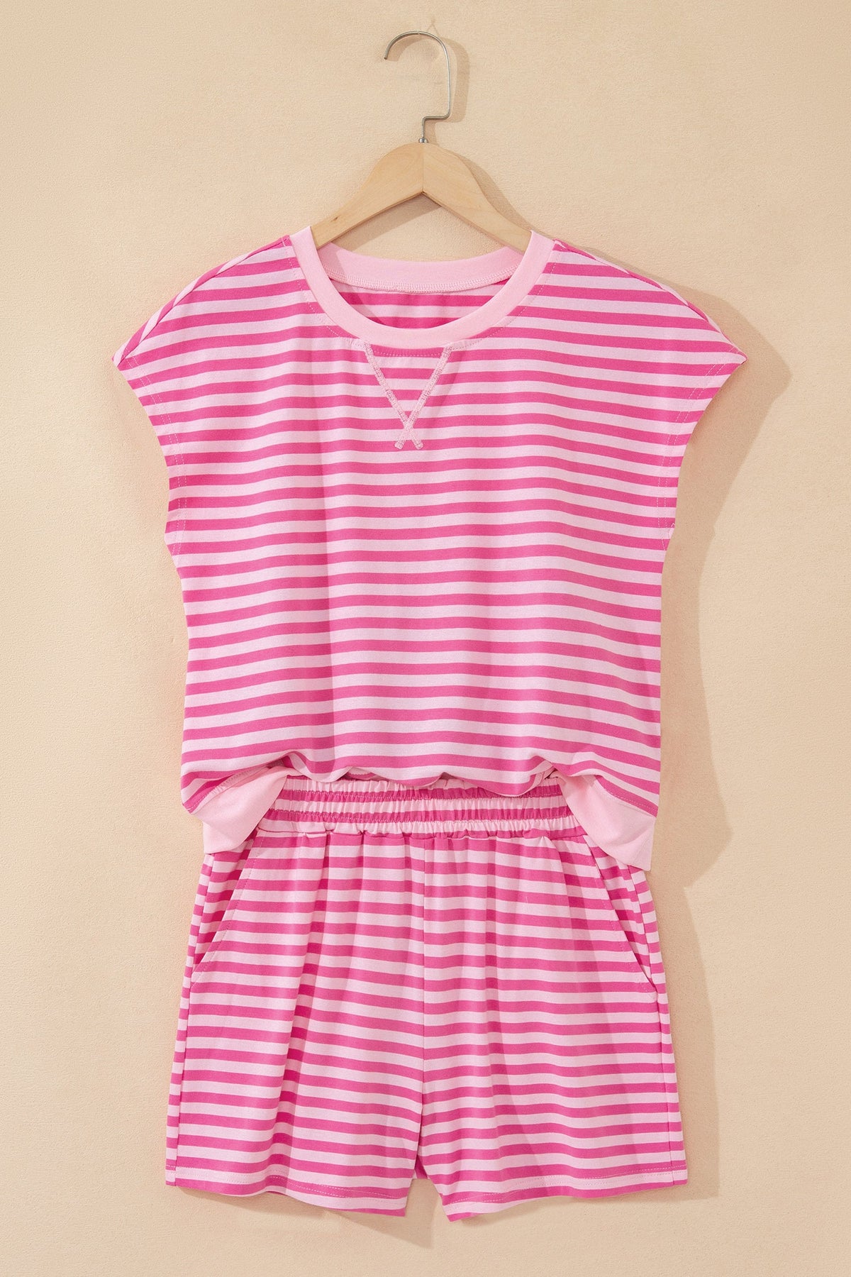 Stripe Cap Sleeve Tee & Elastic Waist Shorts Set