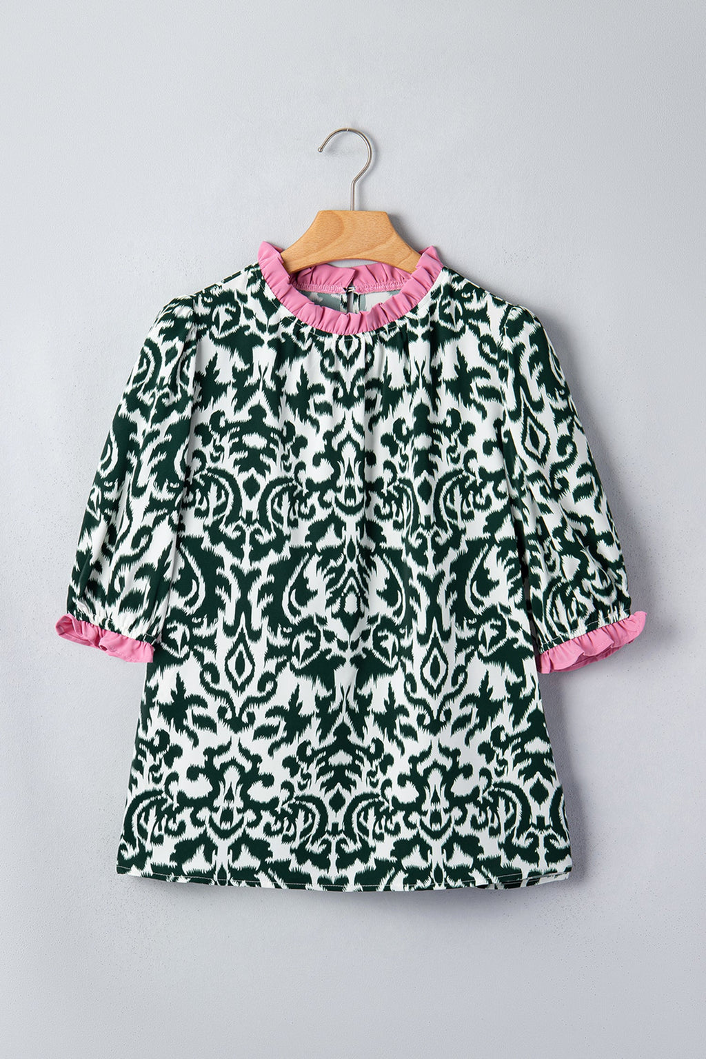 Damask Colorblock Ruffle Trim Short Sleeve Blouse