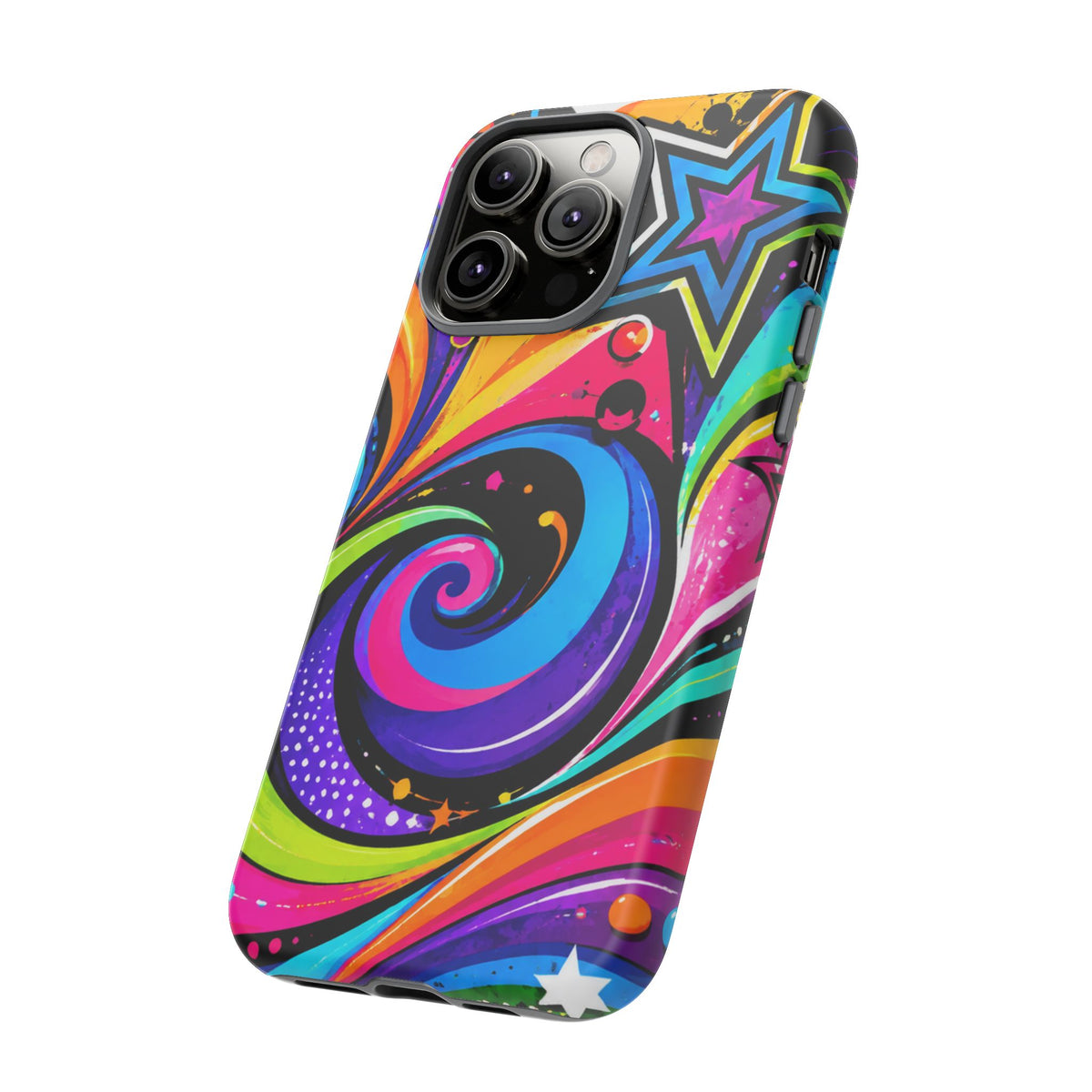 Psychedelic Swirl Phone Case — Bold Retro Stars & Neon Pop Art Tough Case