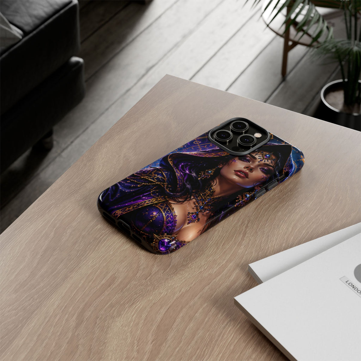Phone Case — Mystical Sorceress Art Protective Tough Case (Astrology, Purple Hooded Witch)
