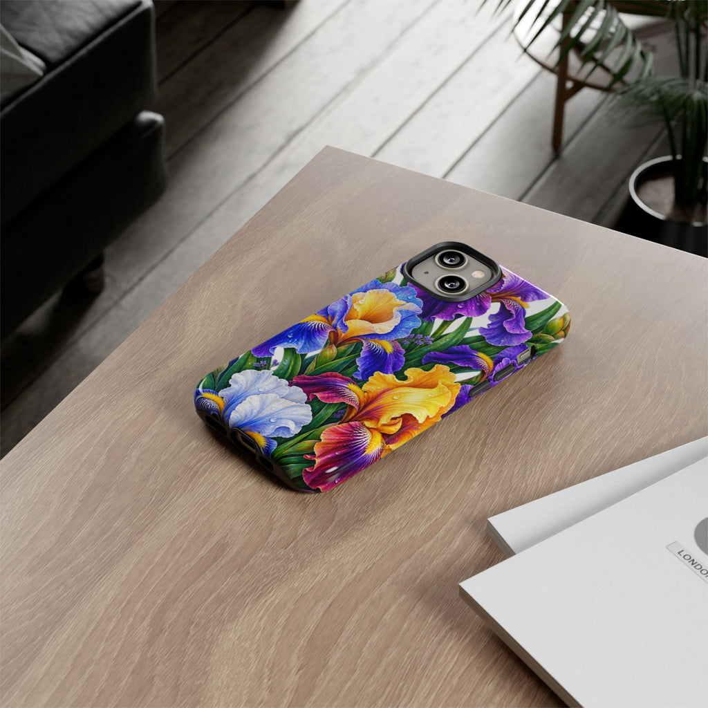 Floral Iris Tough Phone Case — Colorful Watercolor Iris Protective Cover