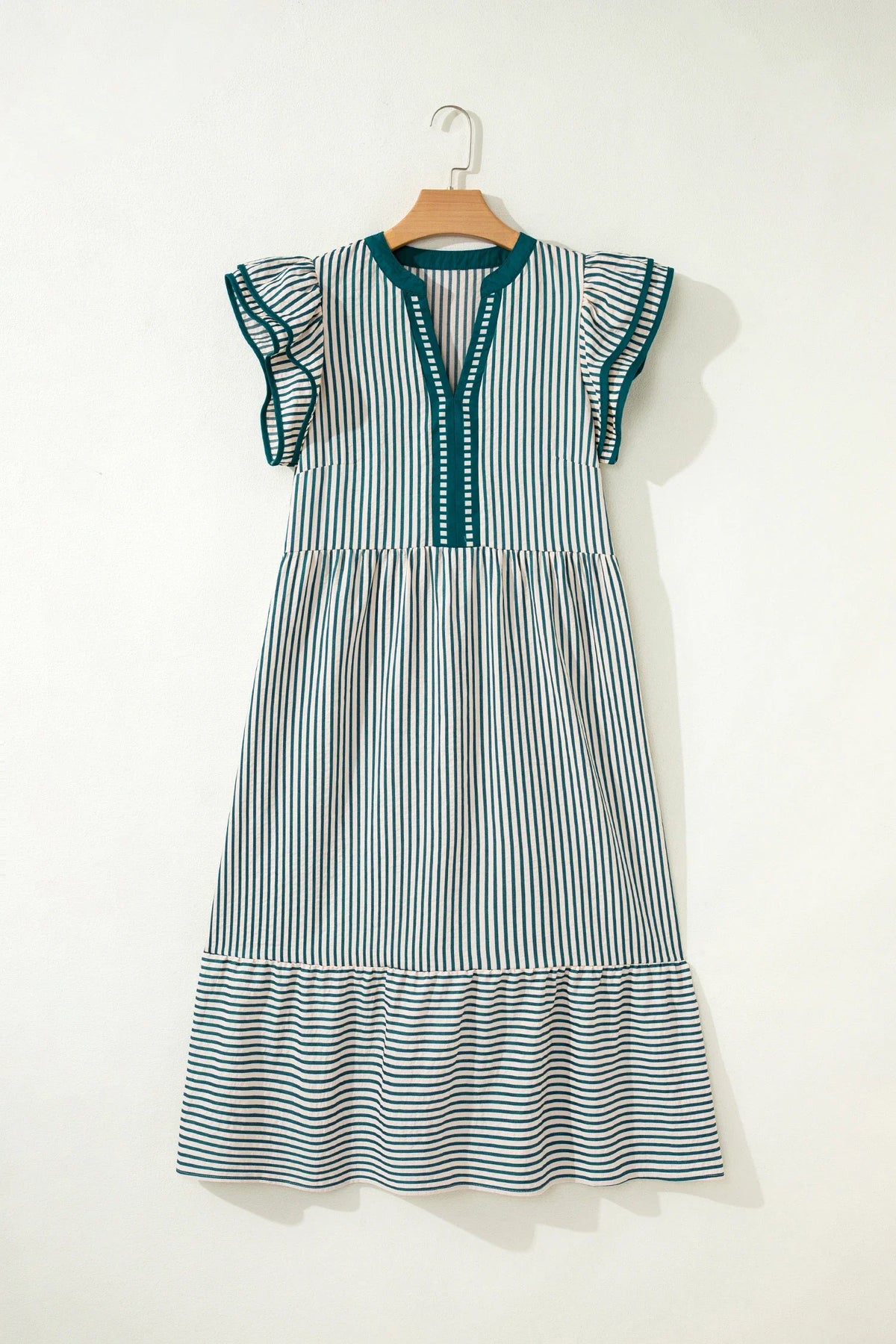 Stripe Ruffle Short Sleeve V-Neck Midi Dress