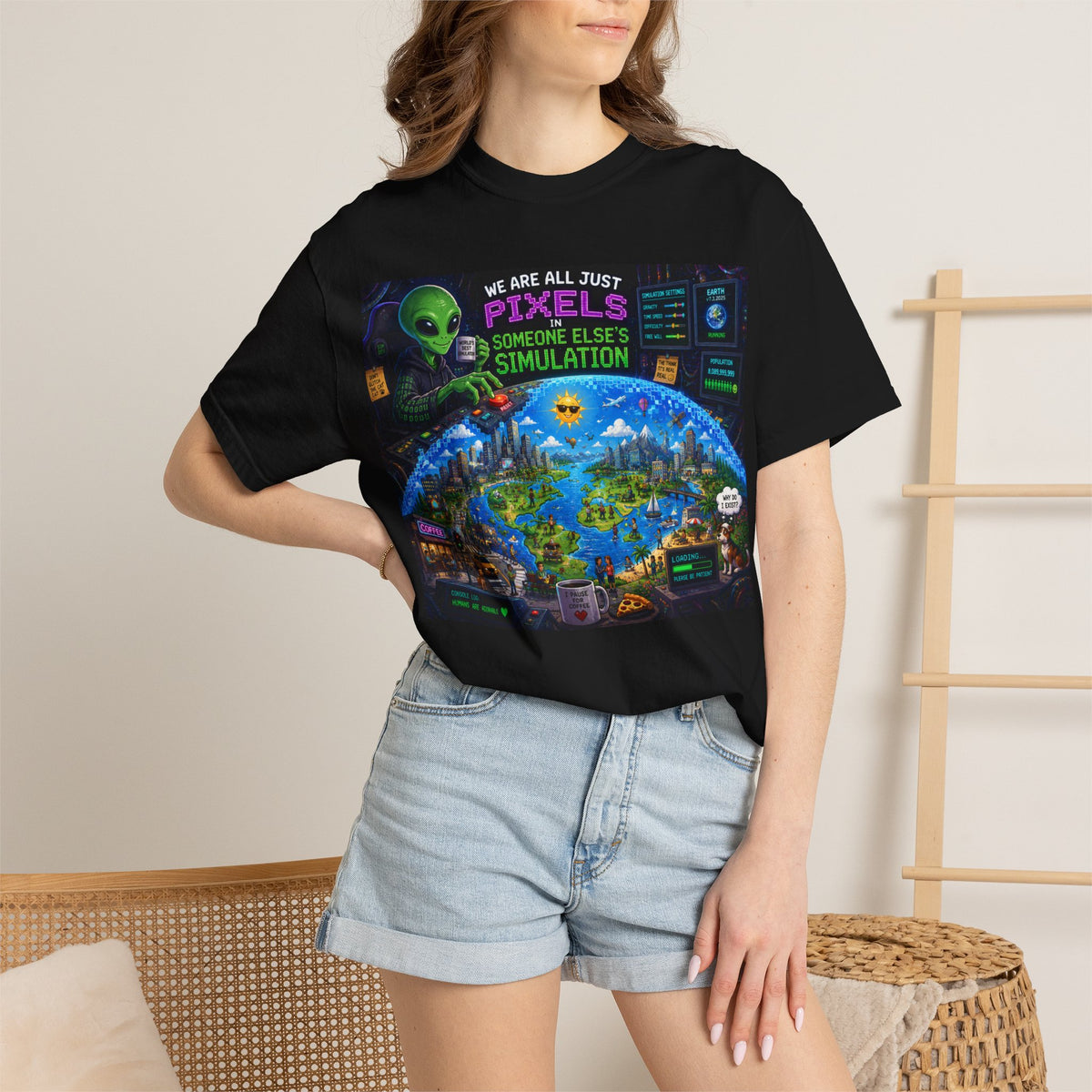 Pixels Simulation T-shirt | Alien, Retro Video Game City, Glitch Art