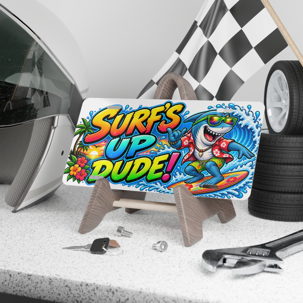 Vanity Plate - "Surf's Up Dude!" Beach Shark License Plate