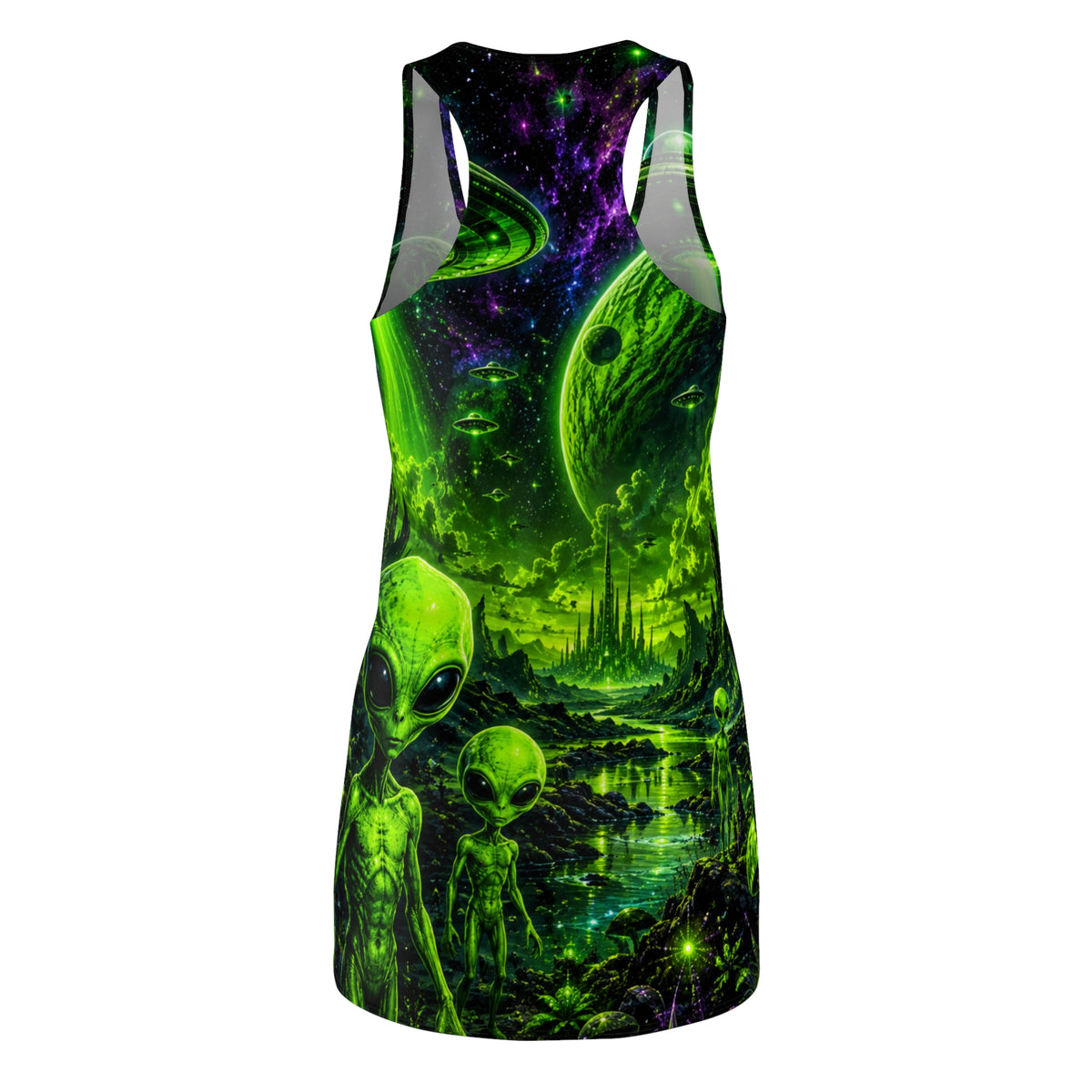 Alien Invasion Racerback Dress — Neon Green Extraterrestrial AOP Halloween