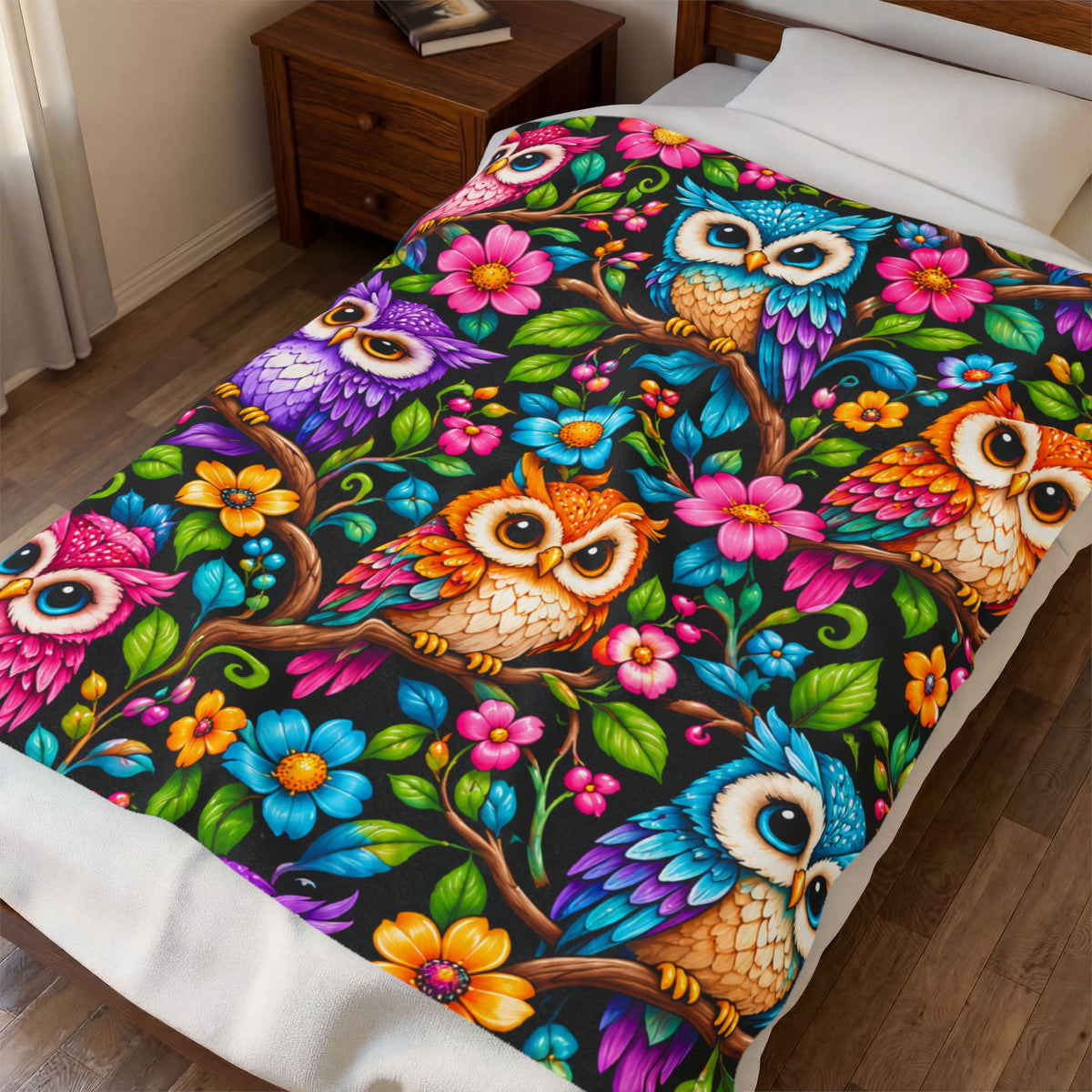 Colorful Owl Velveteen Plush Blanket - Soft Cozy Throw with Vibrant Floral Night Owls