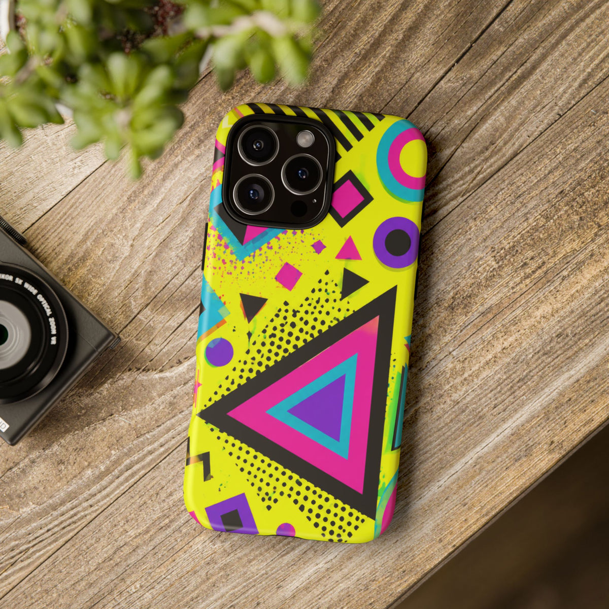 Retro 80s Geometric Phone Case — Neon Memphis Triangle Design