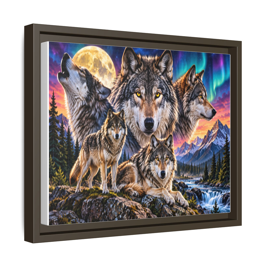 Framed Wolf Pack Matte Canvas Wall Art — Northern Lights Wilderness Scene