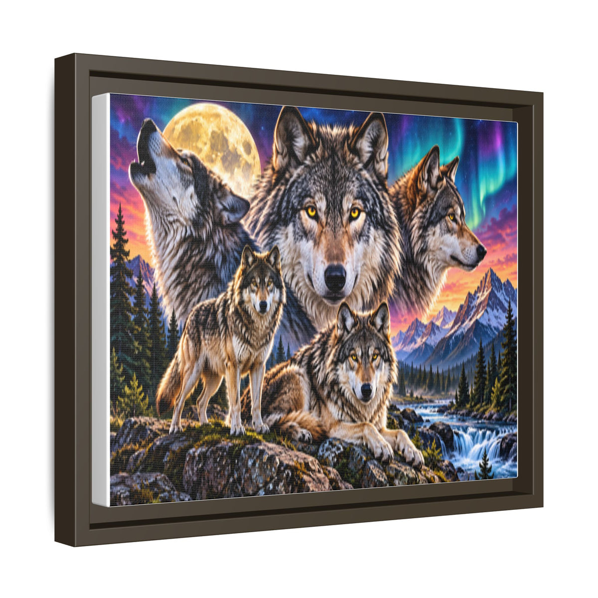 Framed Wolf Pack Matte Canvas Wall Art — Northern Lights Wilderness Scene
