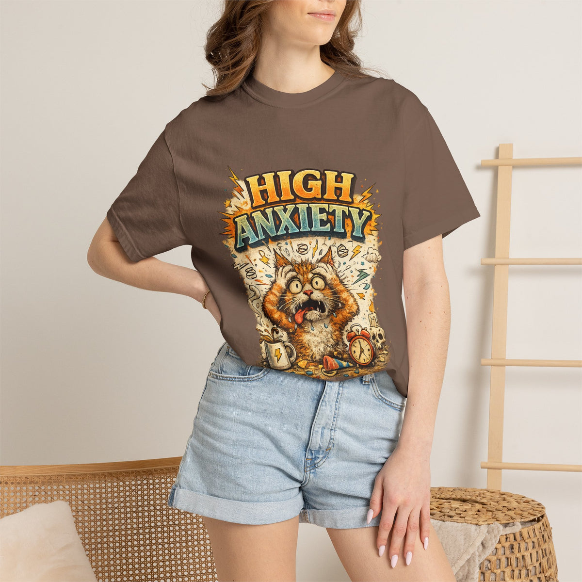 High Anxiety Cat Illustration T-shirt | Nervous Kitty Graphic Tee
