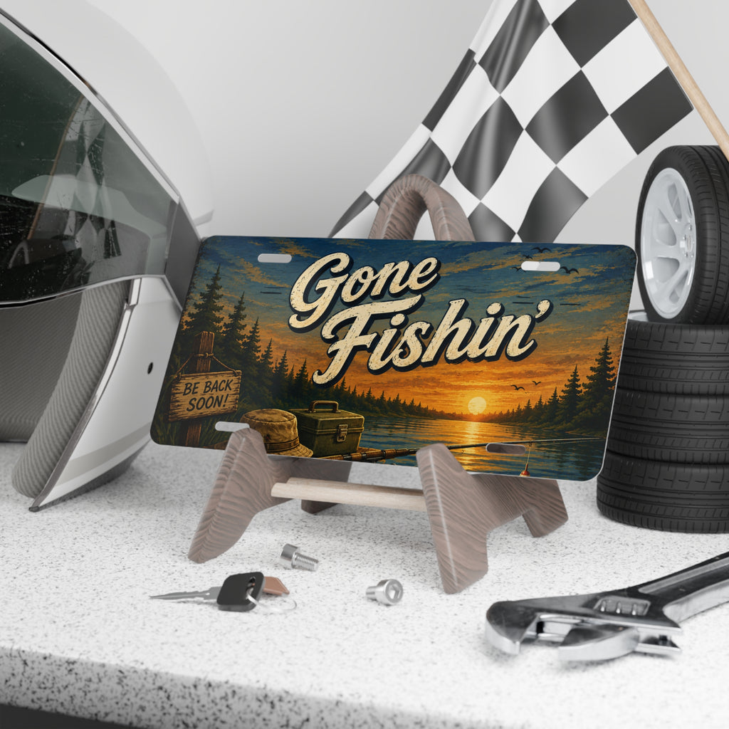 Gone Fishin' sunset lake vanity plate | fishing license plate
