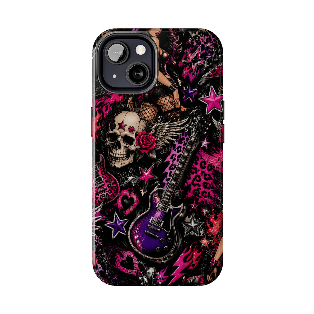 Rock Skull Guitar Phone Case — Edgy Pink Skull & Roses Tough Phone Case
