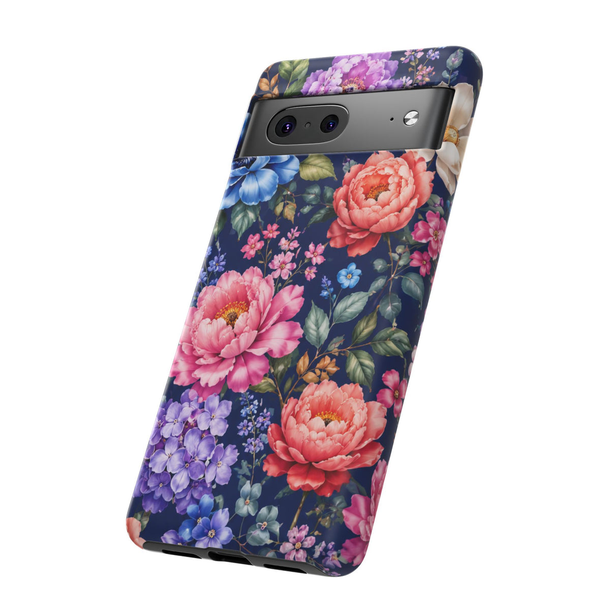 Floral Tough Phone Case – Vibrant Garden Flowers on Navy