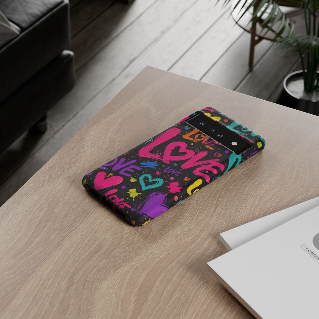 Phone Case — Neon Graffiti "Love" Hearts Protective Tough Case