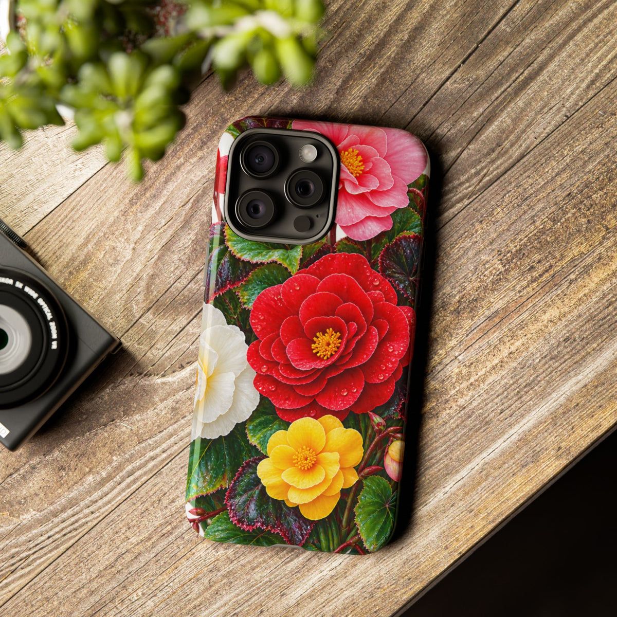 Floral Begonia Phone Case — Vibrant Red, Pink & Yellow Blossom Protective Cover