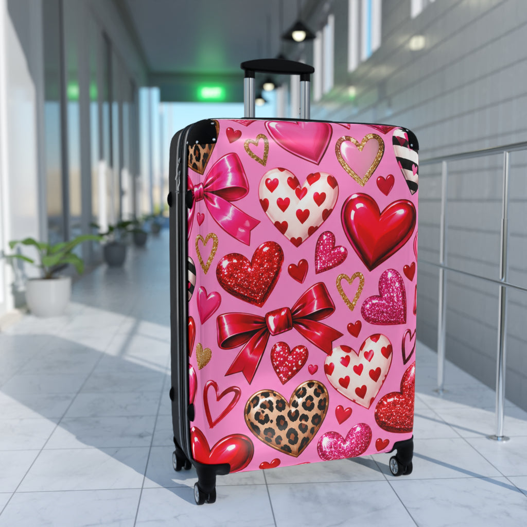 Valentine Heart Pattern Suitcase – Pink Glitter & Leopard Hearts Carry-On