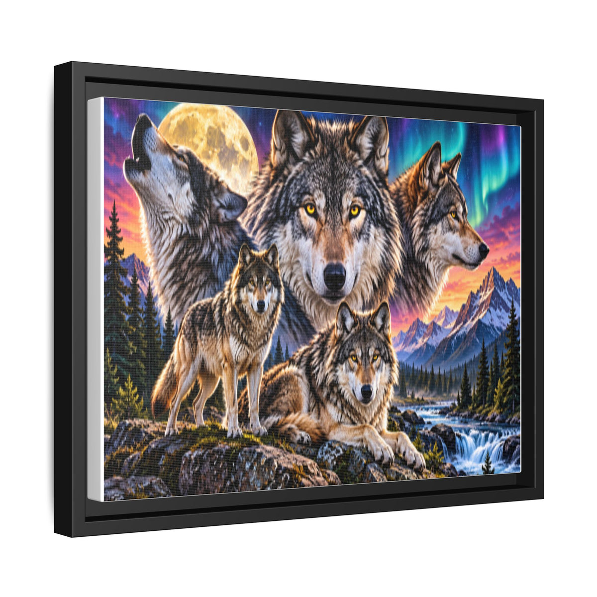 Framed Wolf Pack Matte Canvas Wall Art — Northern Lights Wilderness Scene