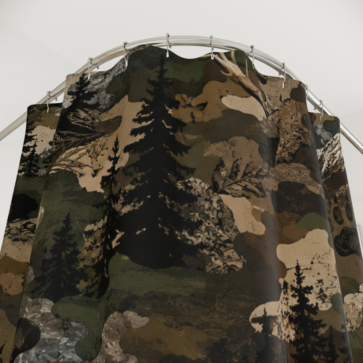 Camo Wilderness Shower Curtain — Mountain & Pine Forest Camouflage Bathroom Decor
