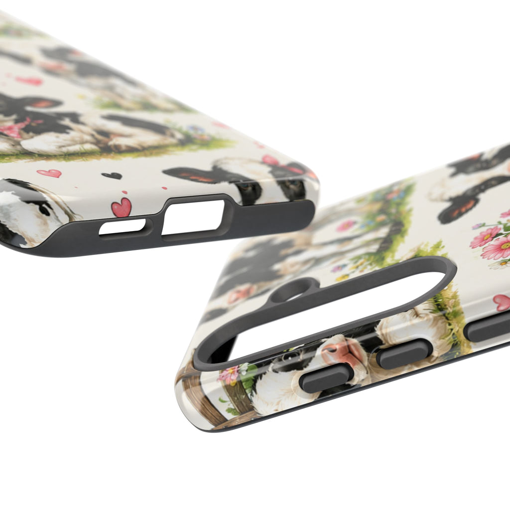 Cute Calf Pattern Phone Case – Pastel Cow Hearts & Flowers Protective Cover