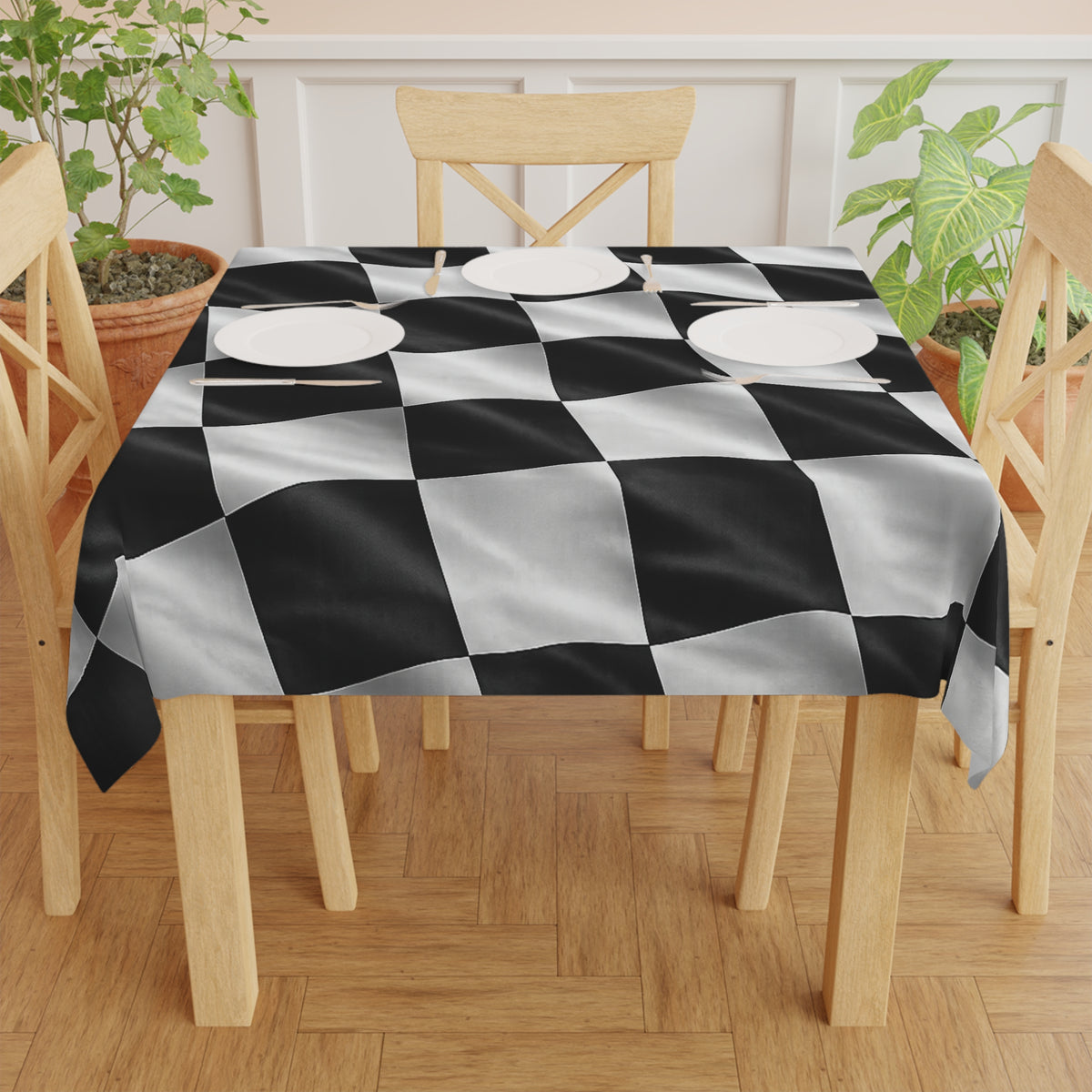 Checkered Racing Flag Tablecloth – Black & White Motorsport Table Cover