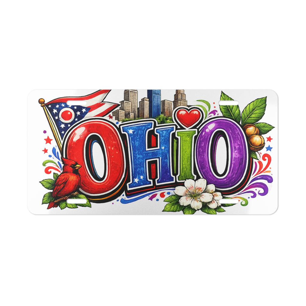 Ohio graphic Vanity Plate | state flag, cardinal, skyline, buckeye