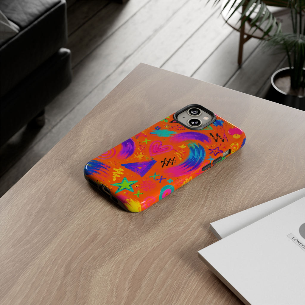 Colorful Neon Doodle Phone Case — Bright Abstract Stars & Hearts Tough Case