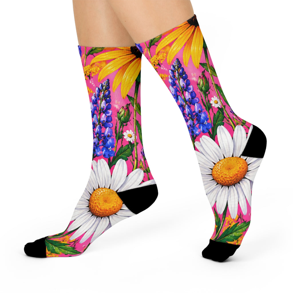 Floral Daisy & Lupine Cushioned Crew Socks — Bright Pink Garden Comfort