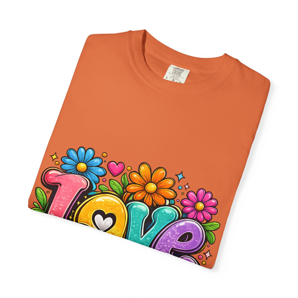 Retro Floral "Love" Design T-shirt | Colorful 70s Heart Typography