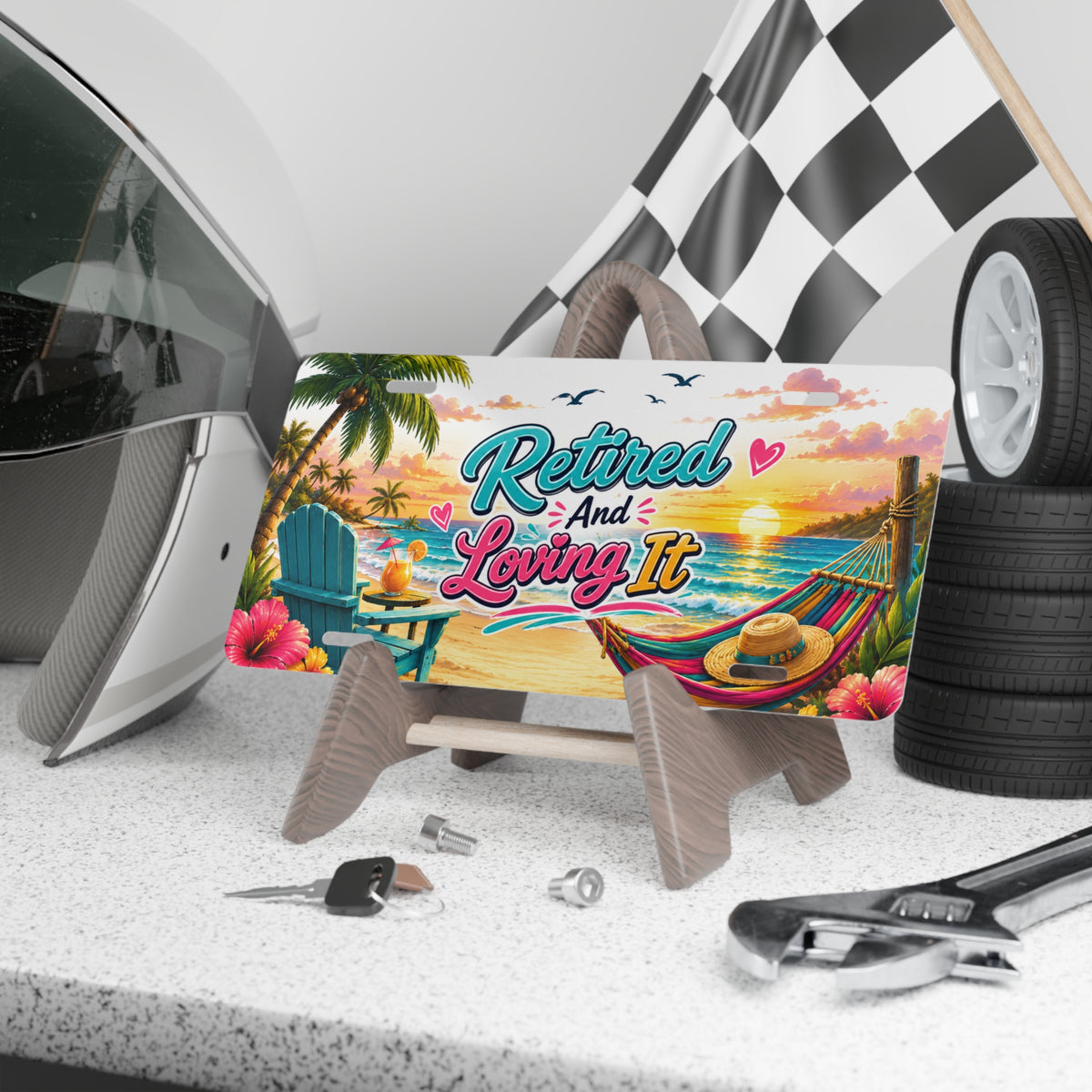 Retired and Loving It Vanity Plate | Beach Sunset Hammock License Plate