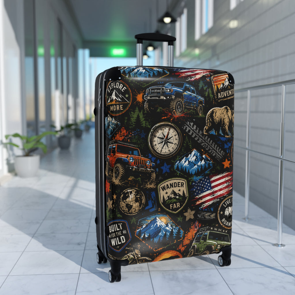 Adventure Patch Carry-On Suitcase – Wander Far Travel Luggage with Mountain, Compass & Bear Design