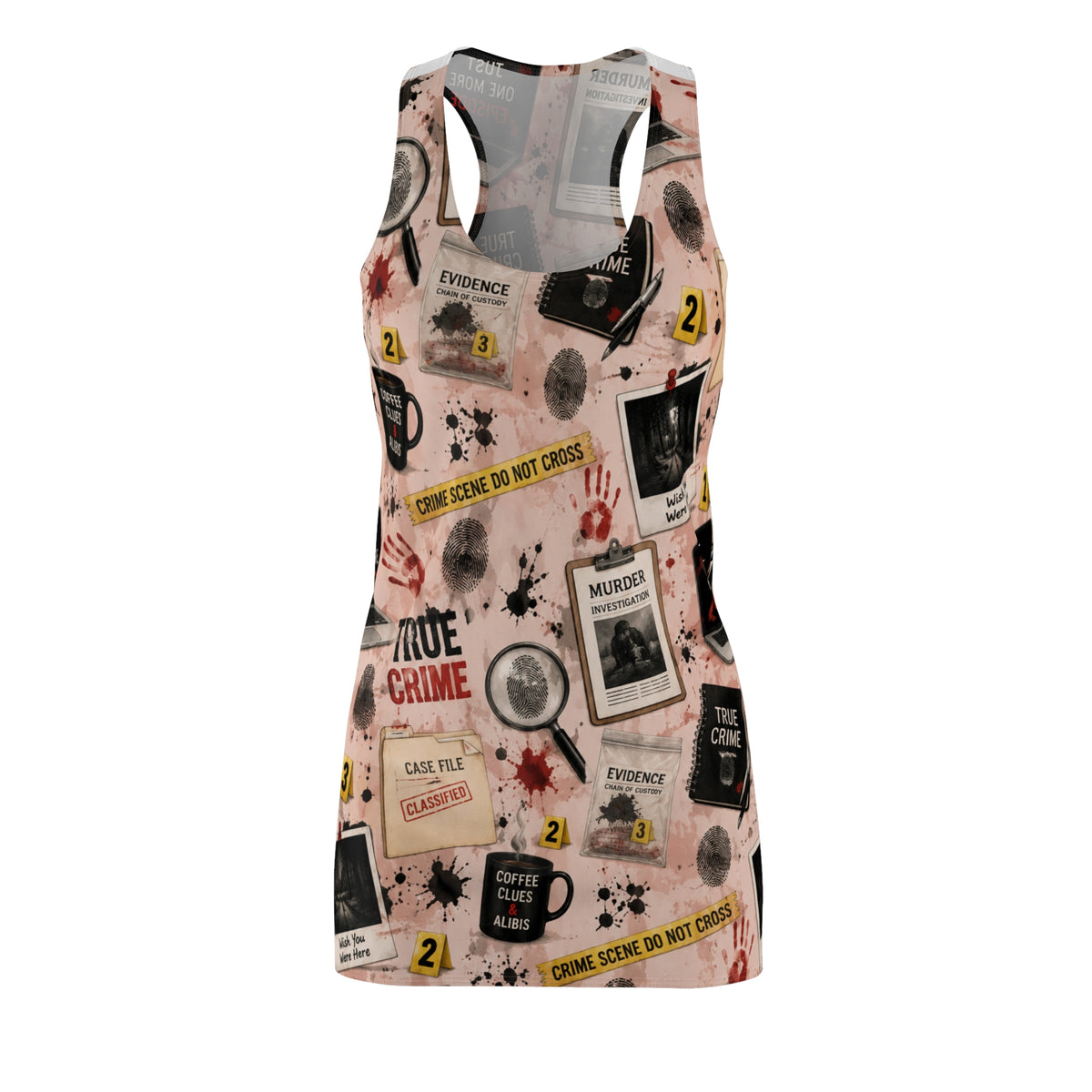 True Crime Racerback Dress — All-Over Print Detective & Evidence Pattern