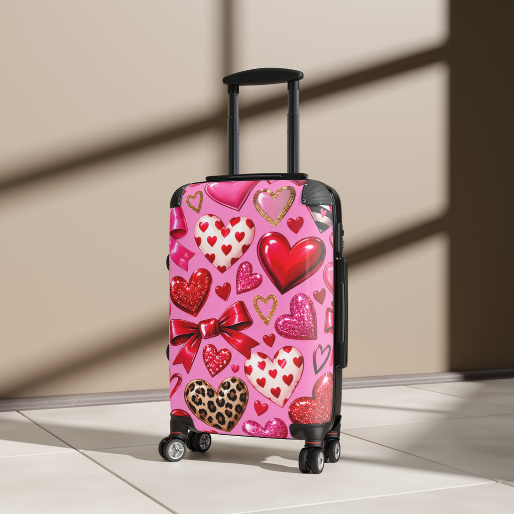 Valentine Heart Pattern Suitcase – Pink Glitter & Leopard Hearts Carry-On