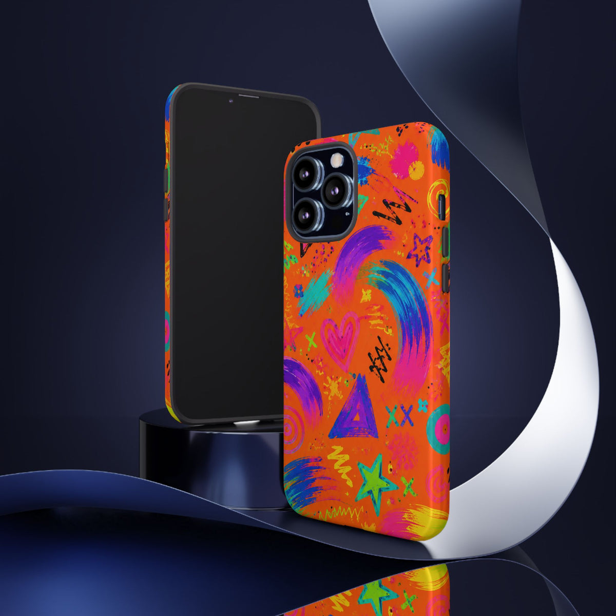 Colorful Neon Doodle Phone Case — Bright Abstract Stars & Hearts Tough Case