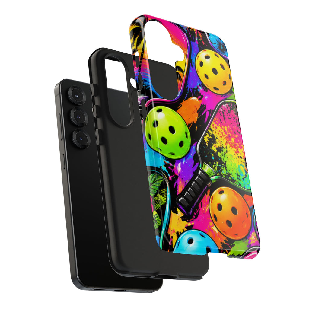 Pickleball Splash Tough Phone Case — Neon Paddle & Ball Protective Cover