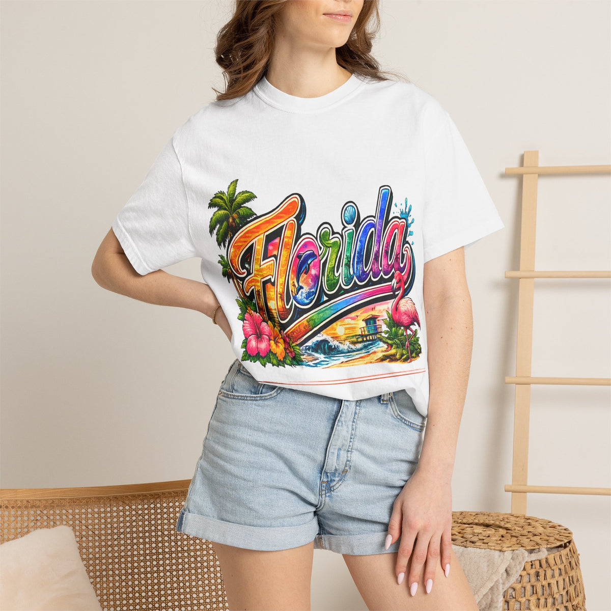 Florida Retro Palm Beach Sunset T-Shirt | Flamingo Hibiscus