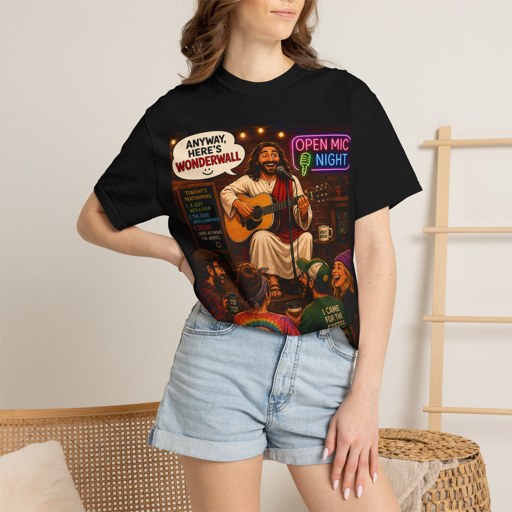Jesus Open Mic Night T-Shirt | Acoustic Coffeehouse Illustration