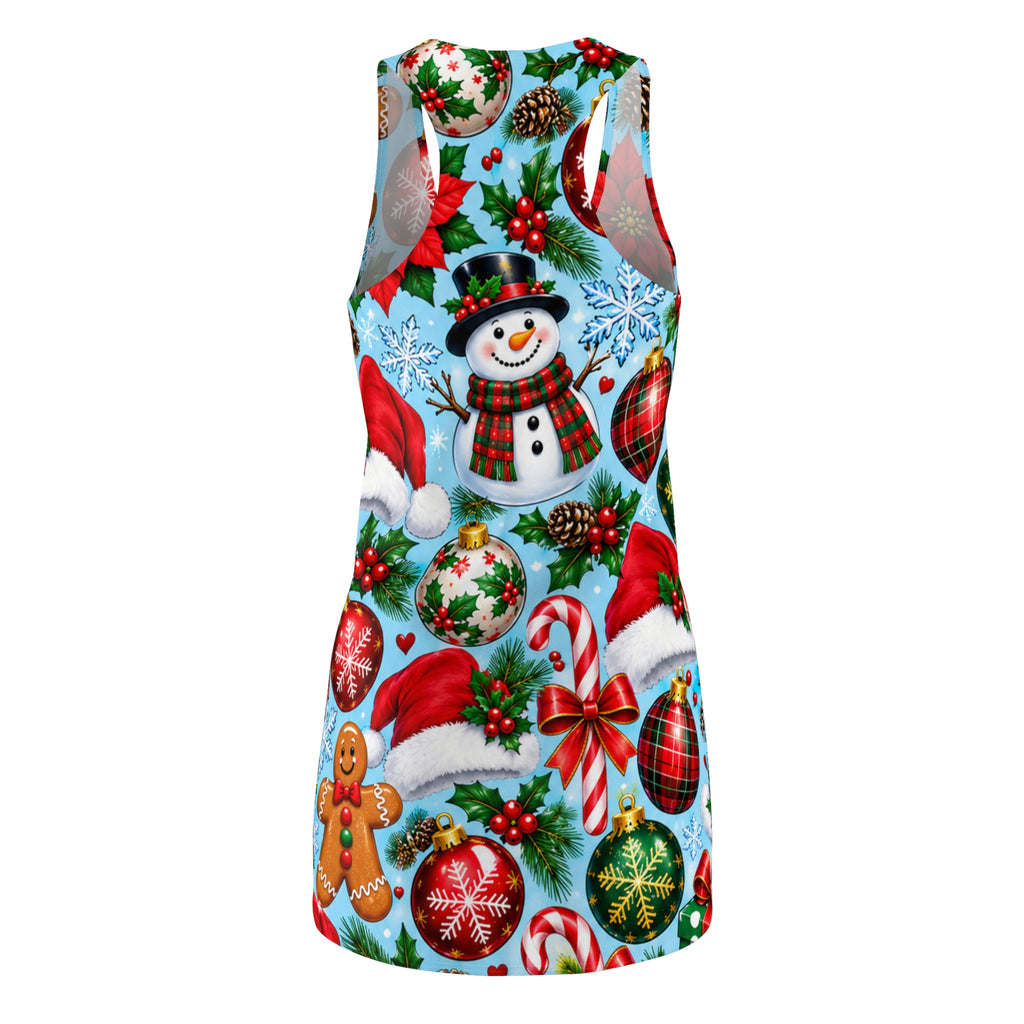 Christmas Racerback Dress — All-Over Snowman & Ornaments Print