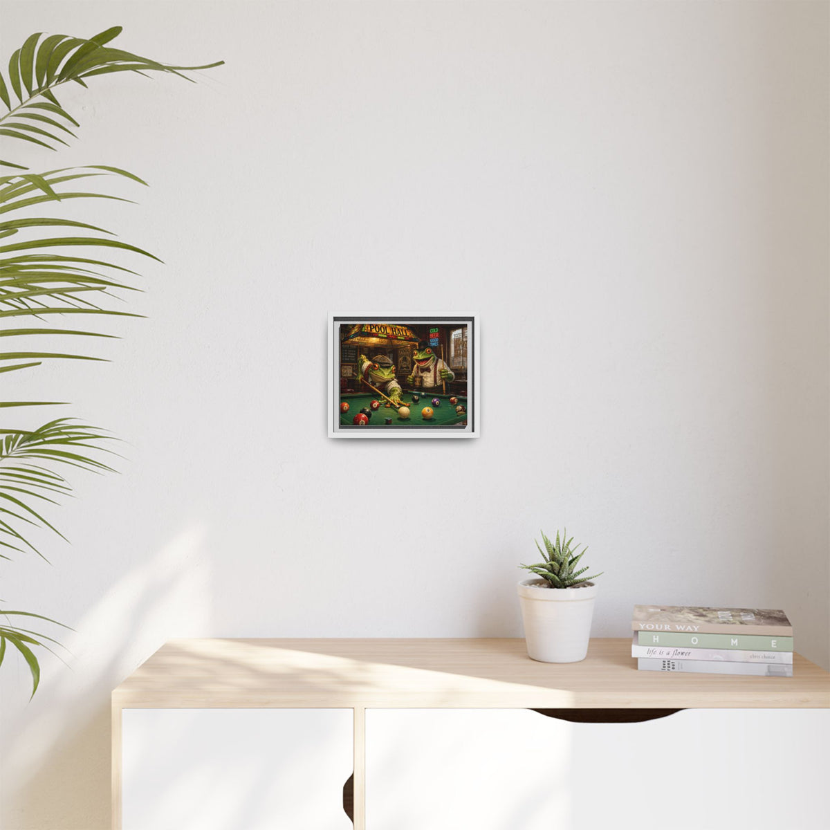 Frogs Playing Pool Matte Canvas Framed