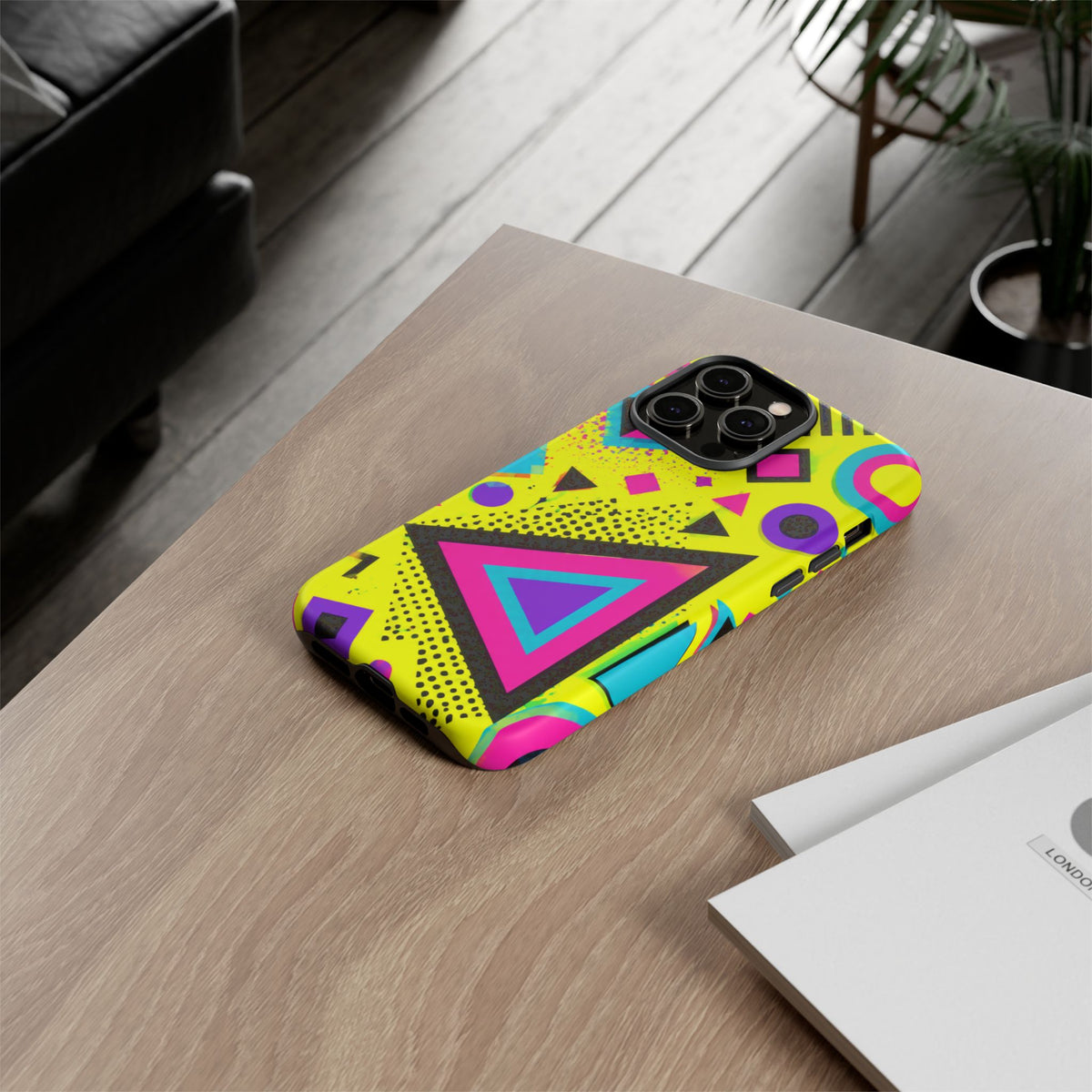 Retro 80s Geometric Phone Case — Neon Memphis Triangle Design