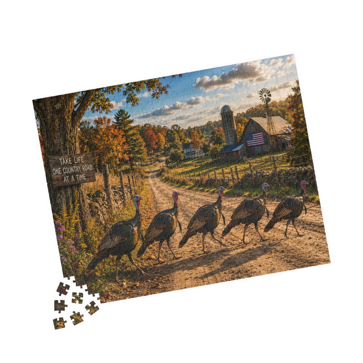 Country Road Turkeys Jigsaw Puzzle — Rustic Farmhouse Scene (110/252/520/1014 pcs)