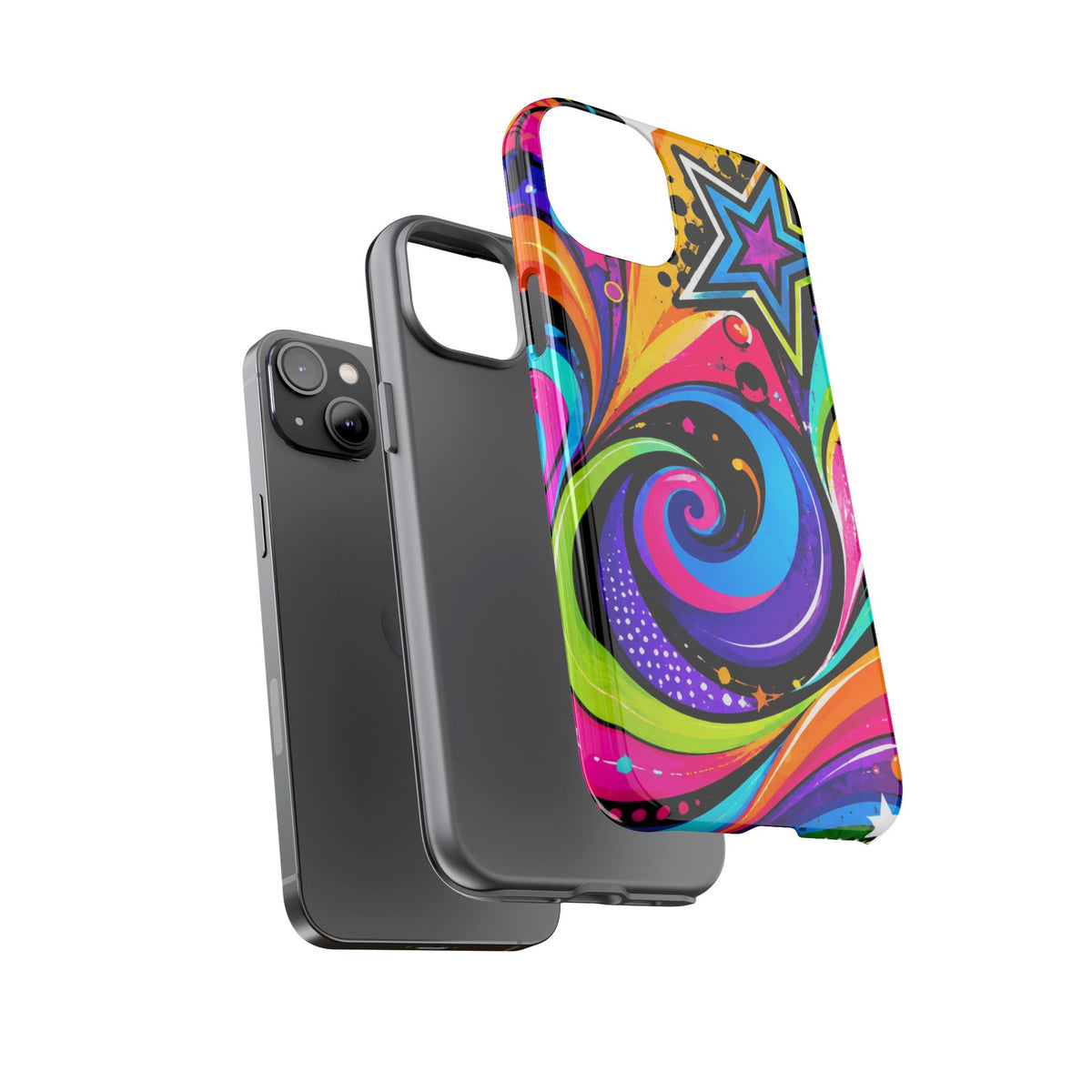 Psychedelic Swirl Phone Case — Bold Retro Stars & Neon Pop Art Tough Case