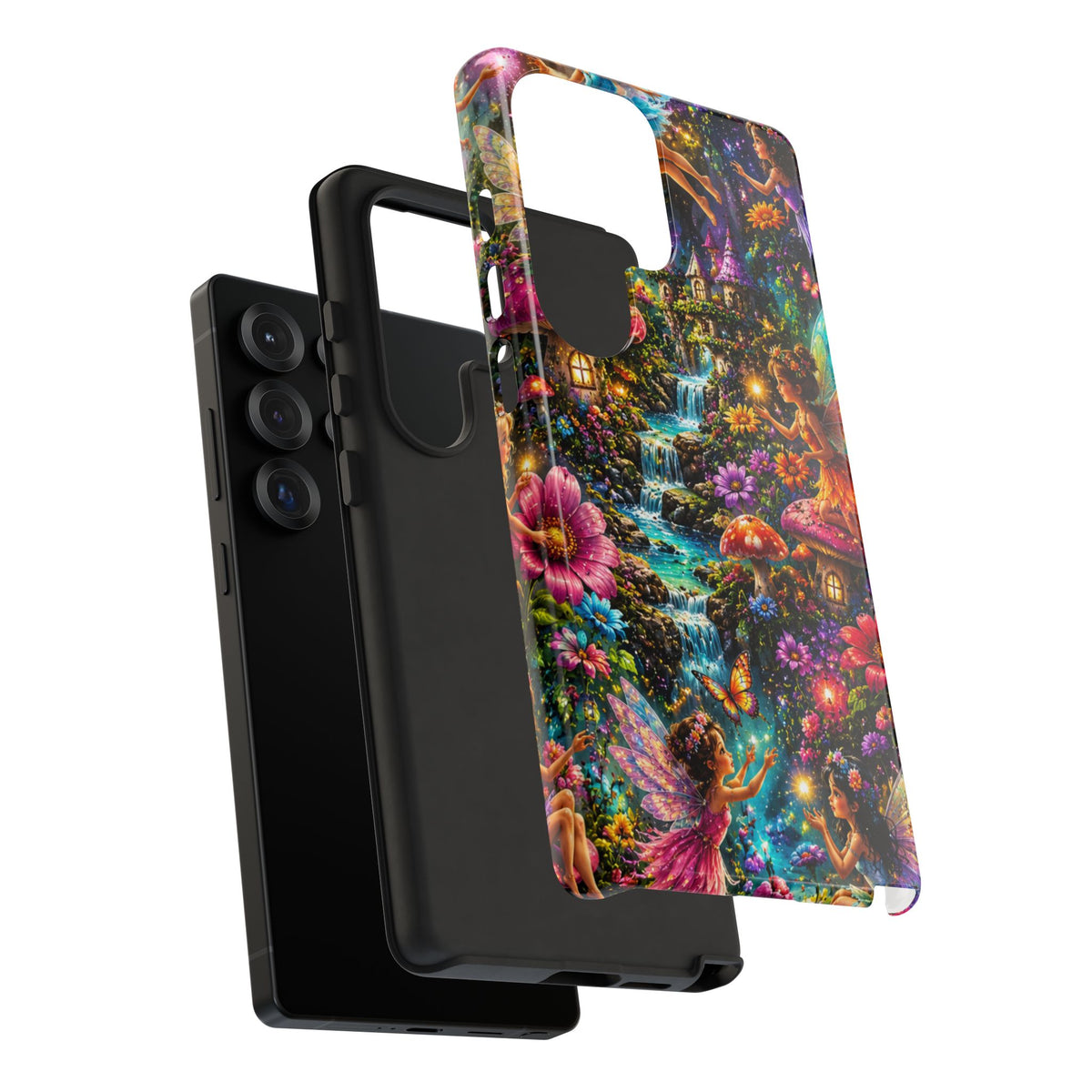 Fairy Garden Tough Phone Case — Whimsical Cottage, Waterfall & Mushroom Artwork