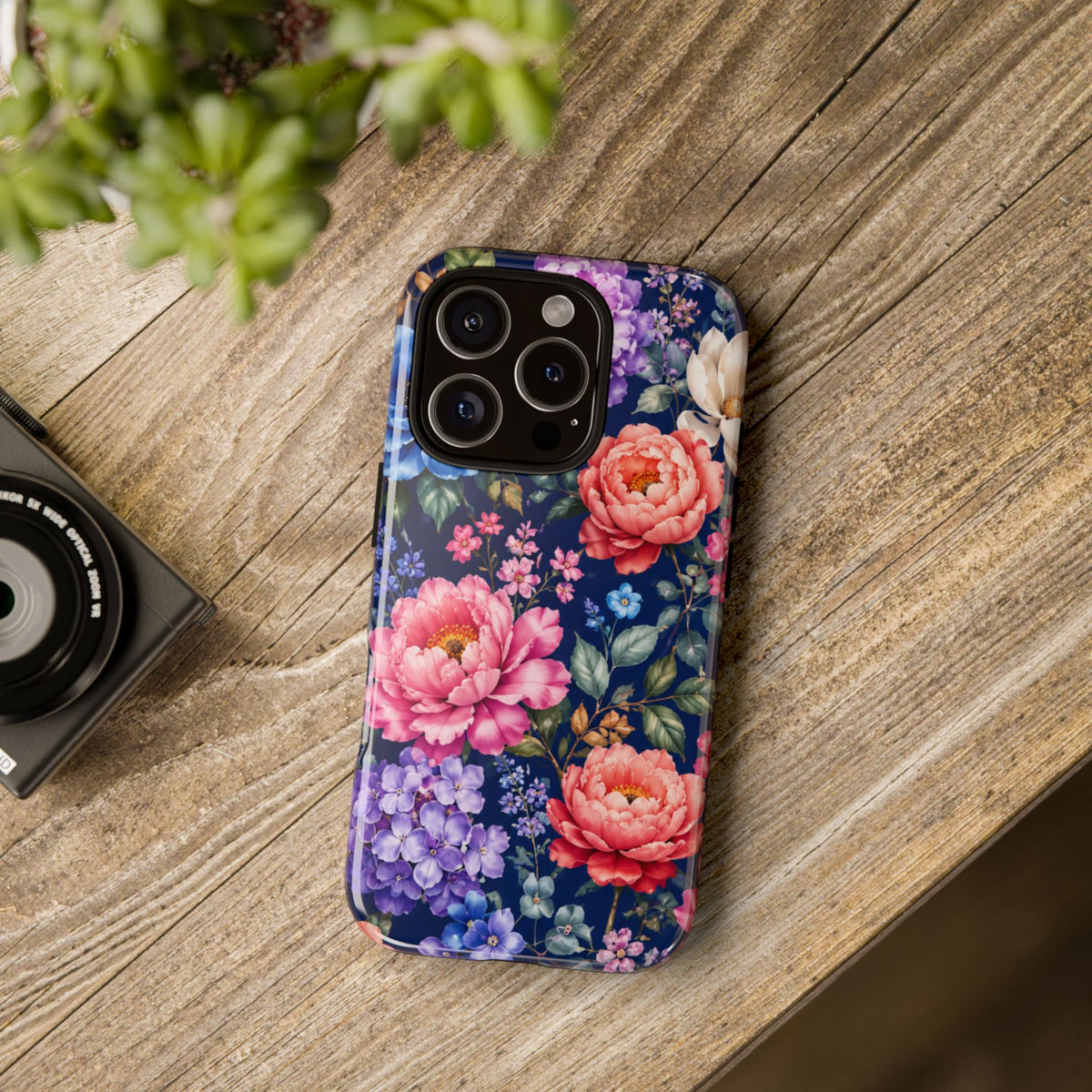 Floral Tough Phone Case – Vibrant Garden Flowers on Navy