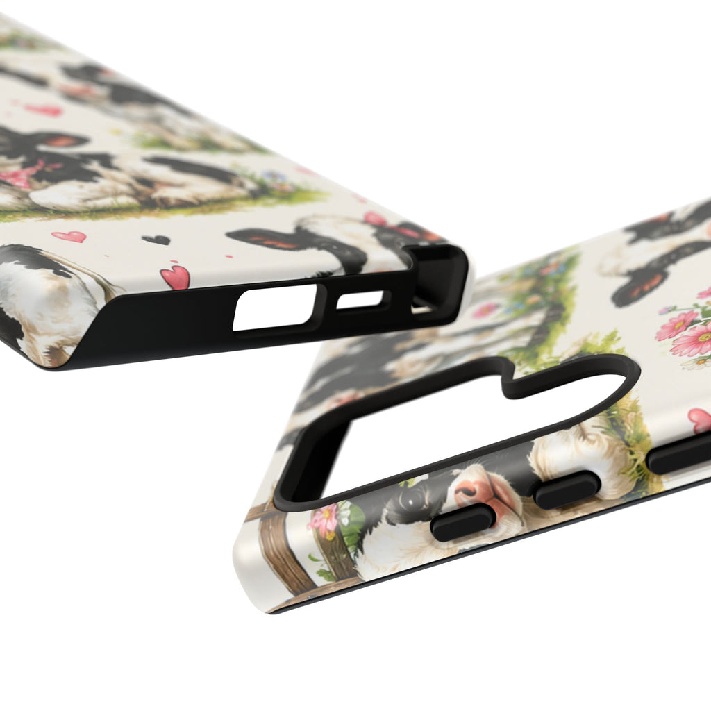 Cute Calf Pattern Phone Case – Pastel Cow Hearts & Flowers Protective Cover